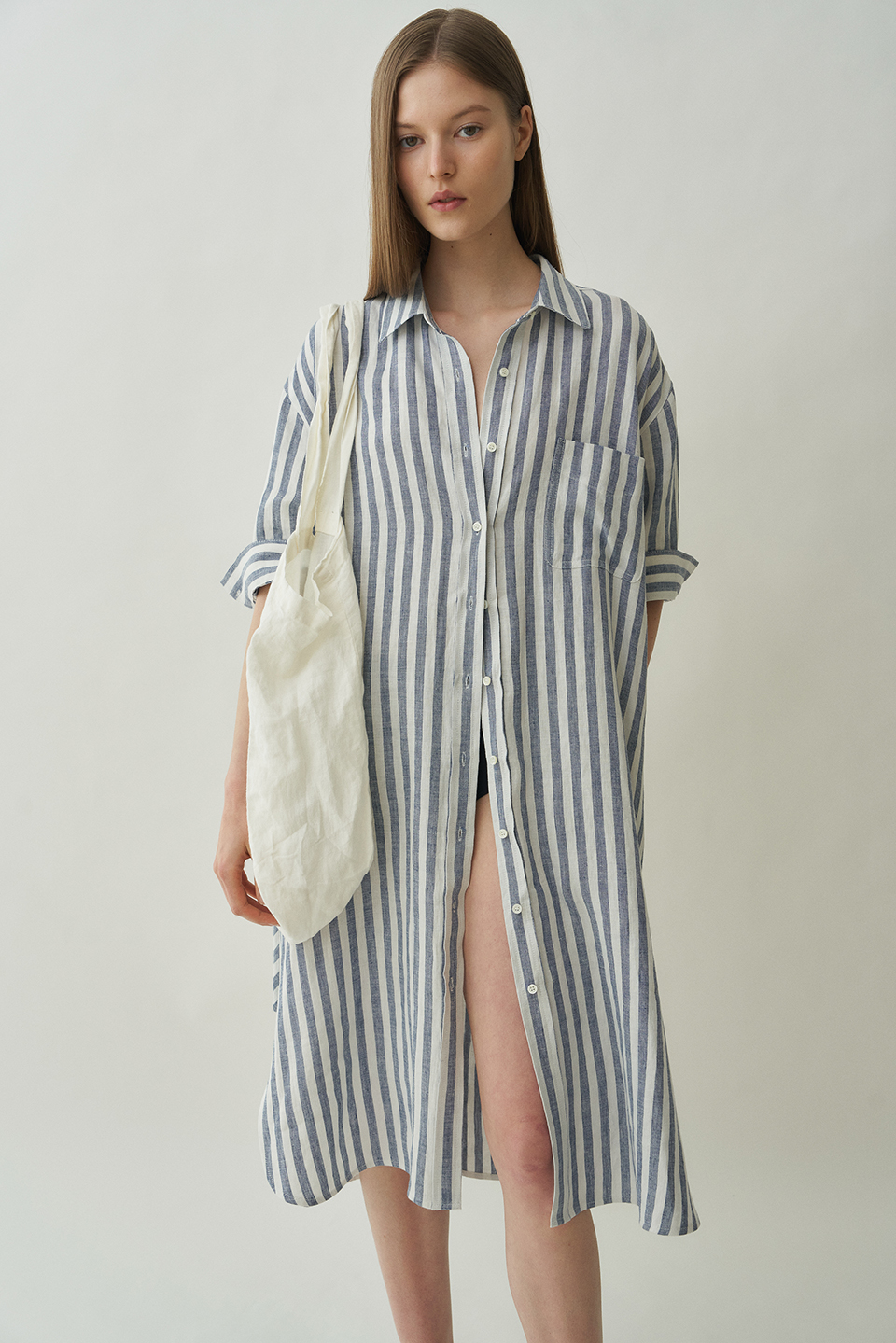 linen boxy shirt dress [Italian fabric] (blue stripe)