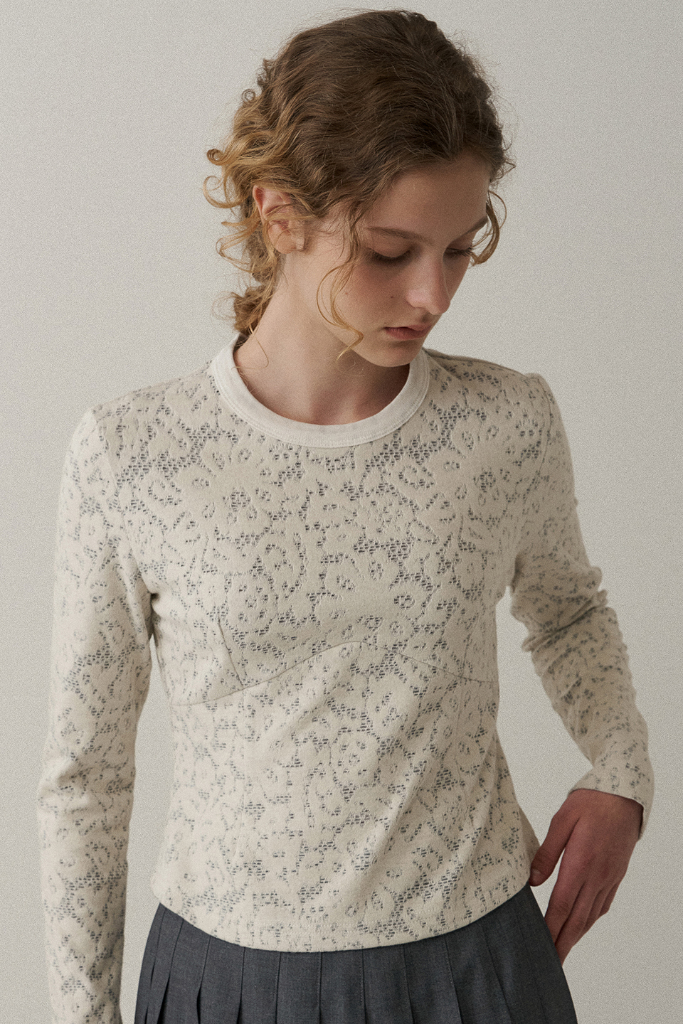lace jacquard cropped t-shirt [Italian fabric] (light grey)