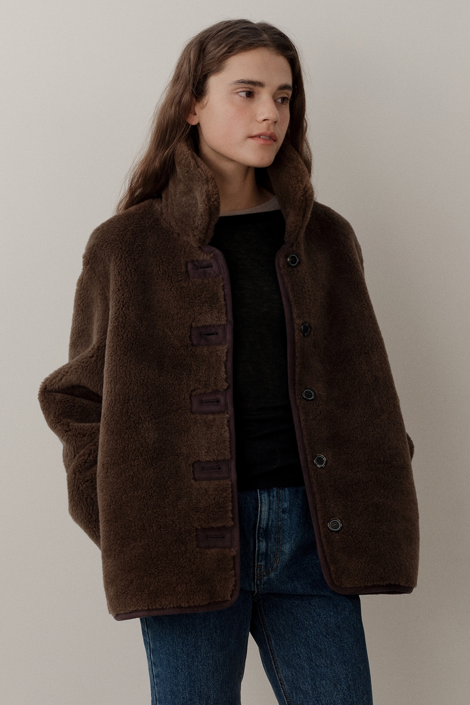 wool shearing reversible half coat (brown)