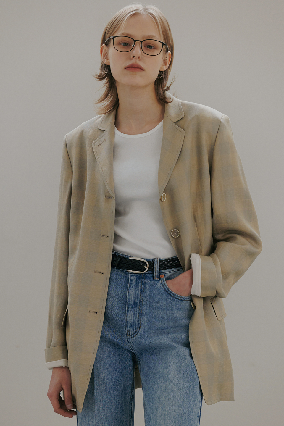 vintage linen check jacket [Italian fabric] (light beige)